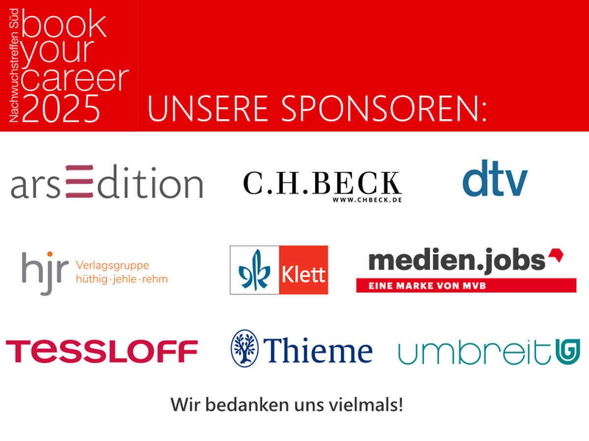 Bild: Sponsorenbanner der book your career, mit arsEdition, C.H. Beck, dtv, Hüthig Jehle Rehm, Klett, medien.jobs, TESSLOFF, Thieme und Umbreit